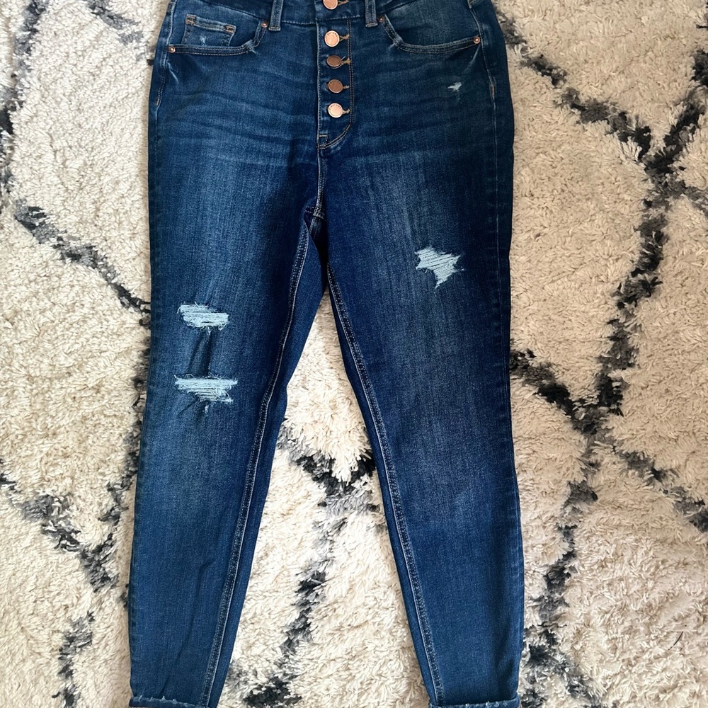 Maurices Dark Blue Distressed Ankle Jeans, Size Medium